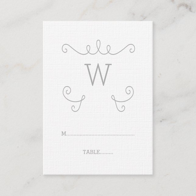 Gray Whimsical Flourish Monogram Place Card (Front)