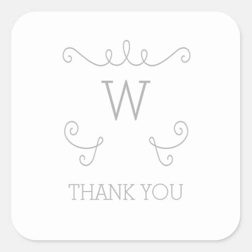 Gray Whimsical Flourish Monogram Thank You Square Sticker