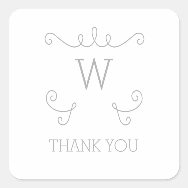 Gray Whimsical Flourish Monogram Thank You Square Sticker (Front)