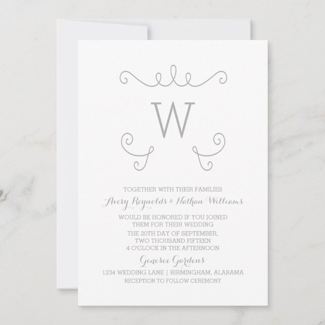 Gray Whimsical Flourish Monogram Wedding Invite (Front)