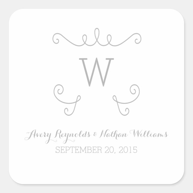 Gray Whimsical Flourish Monogram Wedding Stickers (Front)