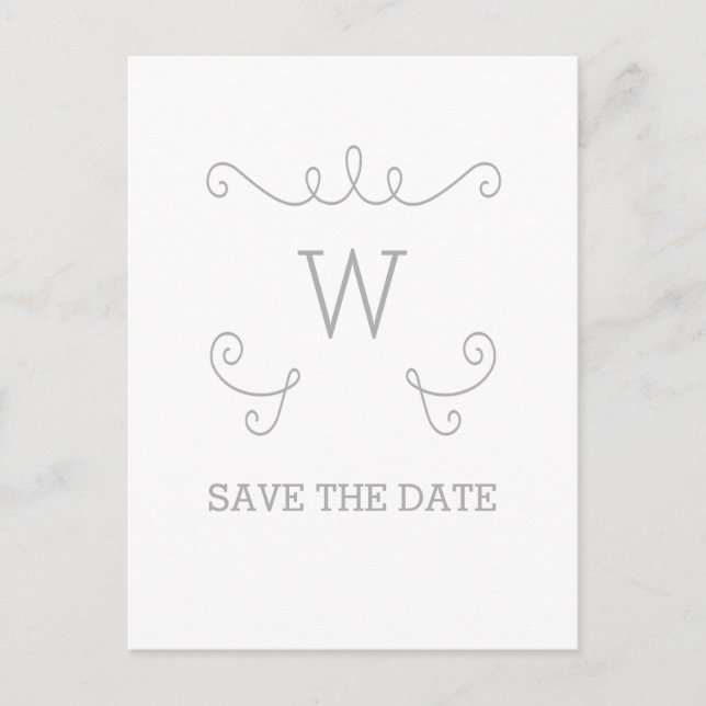 Gray Whimsical Flourish Save the Date Postcard (Front)