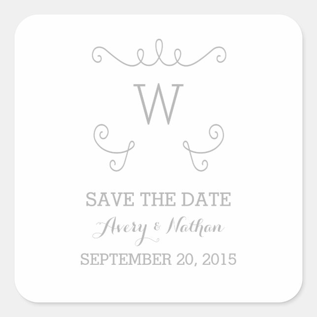 Gray Whimsical Flourish Save the Date Stickers (Front)