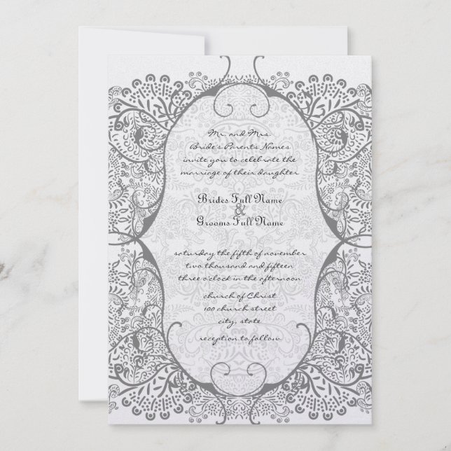 Gray Whimsical  Love Bird Pattern Wedding Invites (Front)