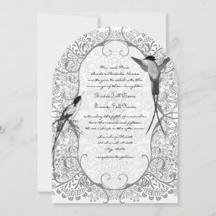 Gray Whimsical Love Bird Pattern Wedding Invites