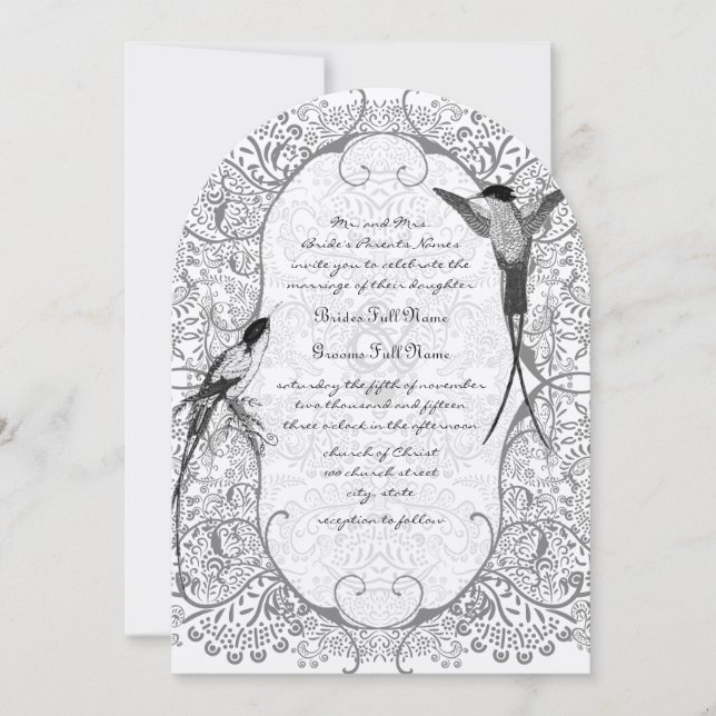 Gray Whimsical Love Bird Pattern Wedding Invites (Front)