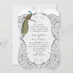 Gray Whimsical Peacock Love Bird Pattern Wedding Invitation