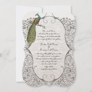 Gray Whimsical Peacock Love Bird Pattern Wedding Invitation