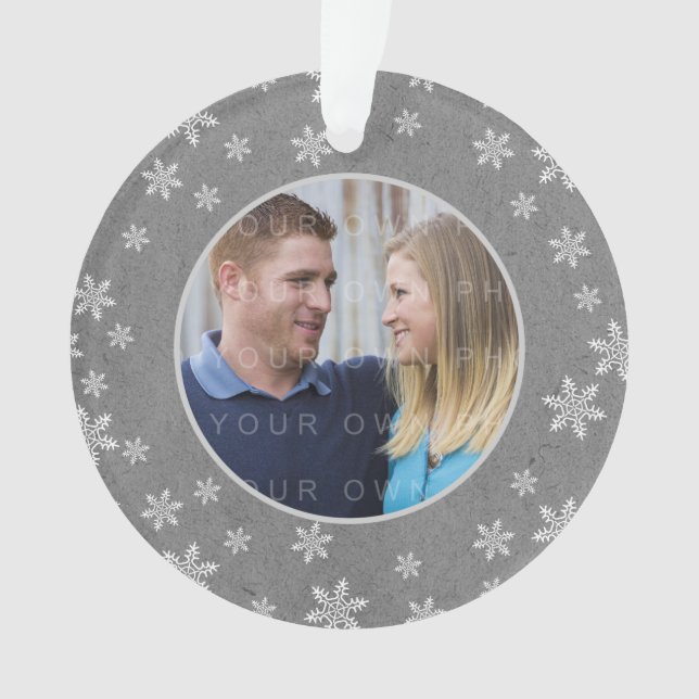 Gray Whimsical Snowflakes Holiday Photo Ornament (Front)