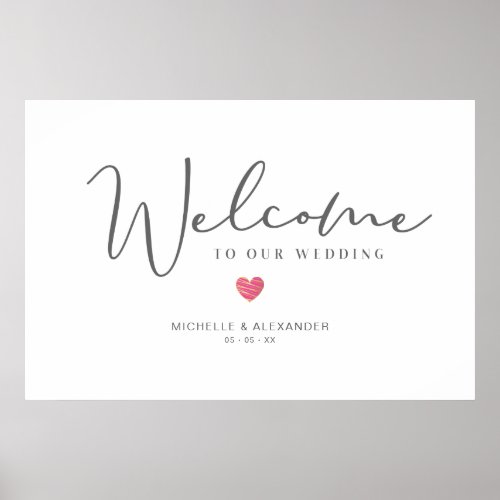 Gray Whimsical Welcome  Wedding Hot Pink Heart Poster