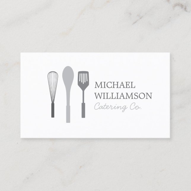 GRAY WHISK SPOON SPATULA LOGO for Catering, Chef Business Card (Front)