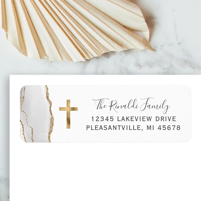 Gray White Agate Gold Cross Return Address Label (Creator Uploaded)