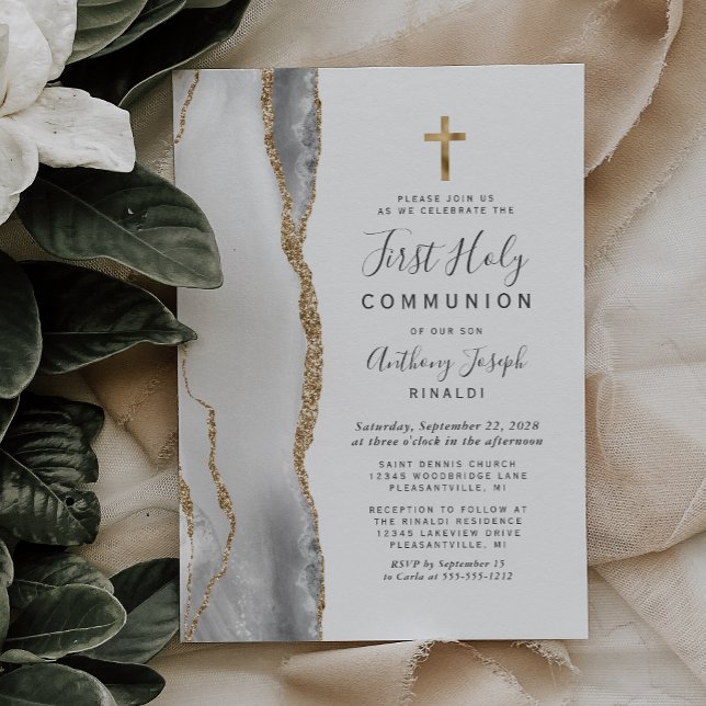 Gray White Agate Gold Glitter First Holy Communion Invitation (Creator Uploaded)