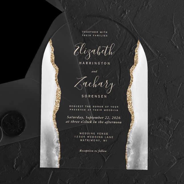 Gray White Agate Gold Text Arch Wedding Acrylic Invitations (Creator Uploaded)