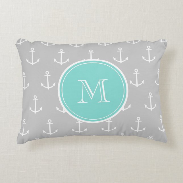 Gray White Anchors Pattern, Mint Monogram Accent Pillow (Front)