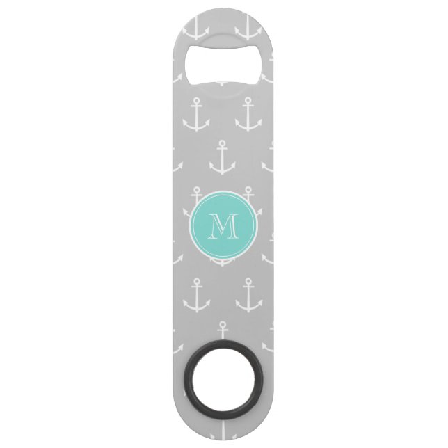 Gray White Anchors Pattern, Mint Monogram Bar Key (Front)