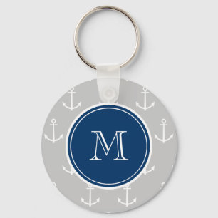 Gray White Anchors Pattern, Navy Blue Monogram Keychain