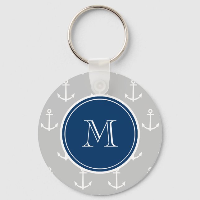 Gray White Anchors Pattern, Navy Blue Monogram Keychain (Front)
