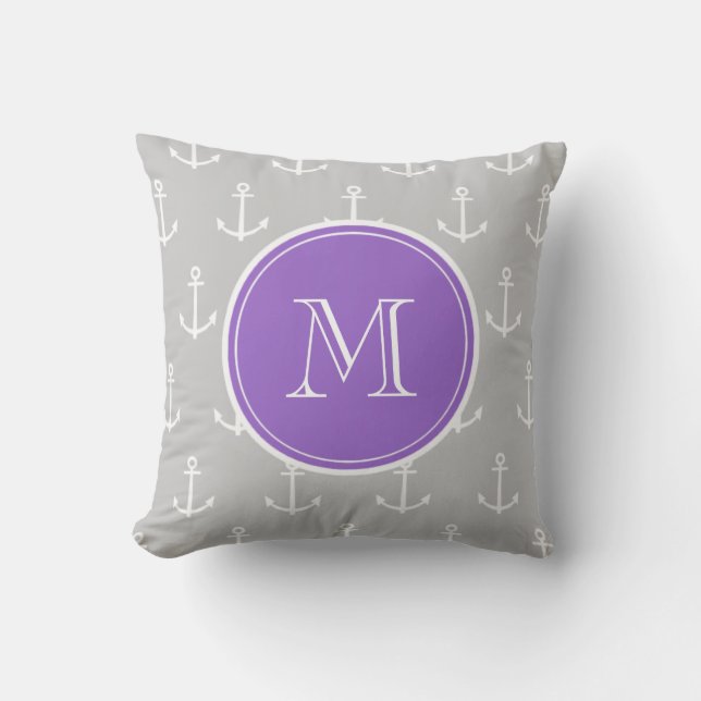 Gray White Anchors Pattern, Purple Monogram Throw Pillow (Front)
