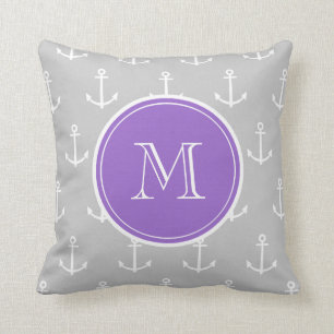 Gray White Anchors Pattern, Purple Monogram Throw Pillow