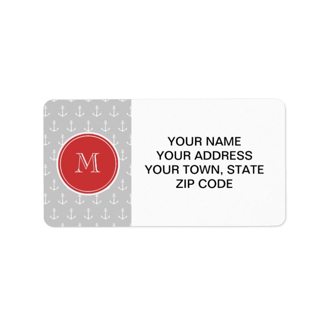 Gray White Anchors Pattern, Red Monogram Label (Front)