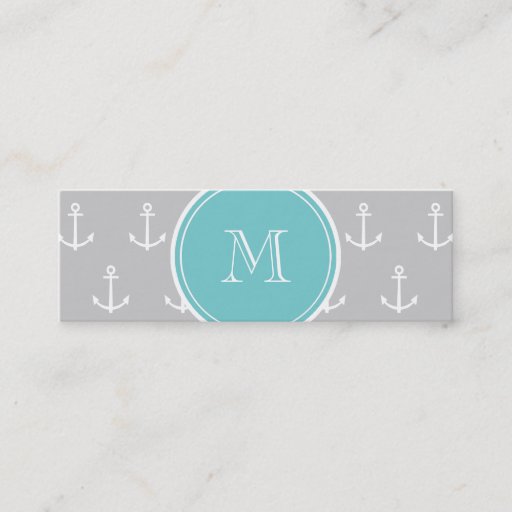 Customizable Gray White Anchors Pattern, Teal Monogram Business Card