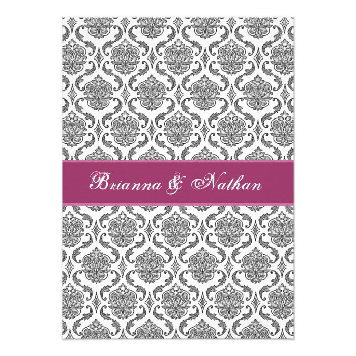 Gray White and Pink Damask Wedding Invitation