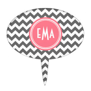 Gray White And Pink Monogram Chevron Pattern Cake Topper
