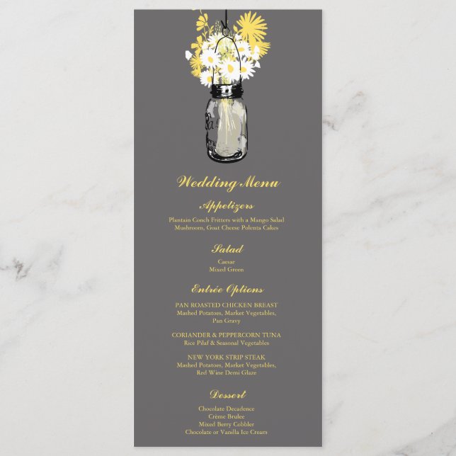Gray, White and Yellow Mason Jar | Wedding Menu (Front)
