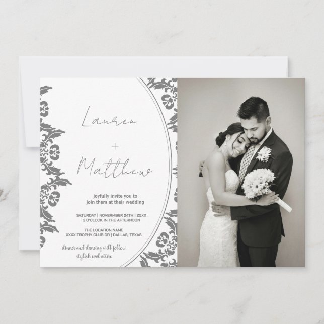 Gray White Art Wedding Invitations with photo (Front)