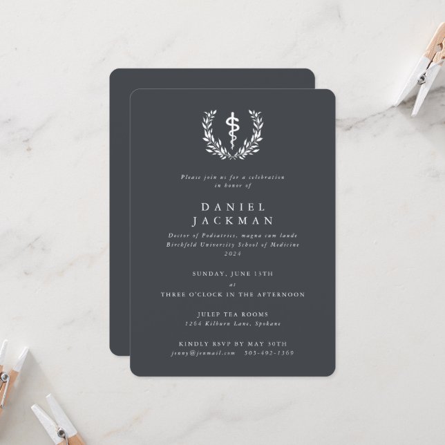 Gray/White Asclepius Medical School Graduation Invitation (Front/Back In Situ)