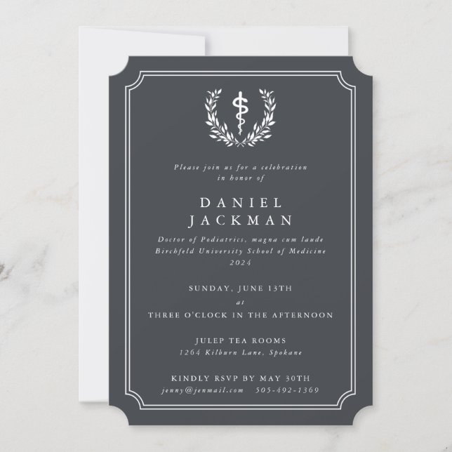 Gray/White Asclepius Medical School Graduation Invitation (Front)