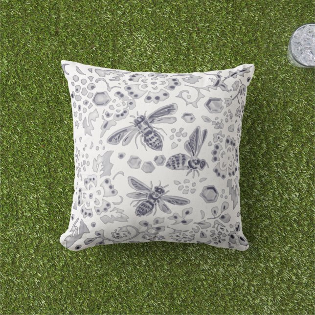 Gray  White Bee Floral Unique Rustic Farmhouse  Outdoor Pillow (Grass)