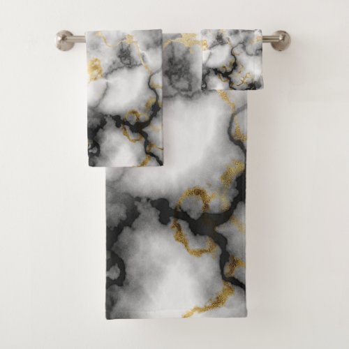 Gray White Black and Gold Marble Pattern Bath Towel Set