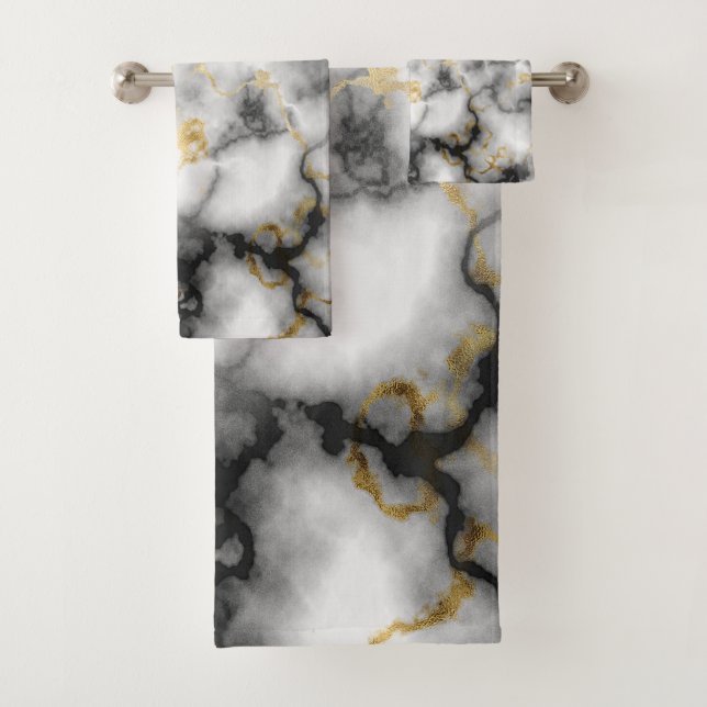 Gray White Black and Gold Marble Pattern Bath Towel Set (Insitu)
