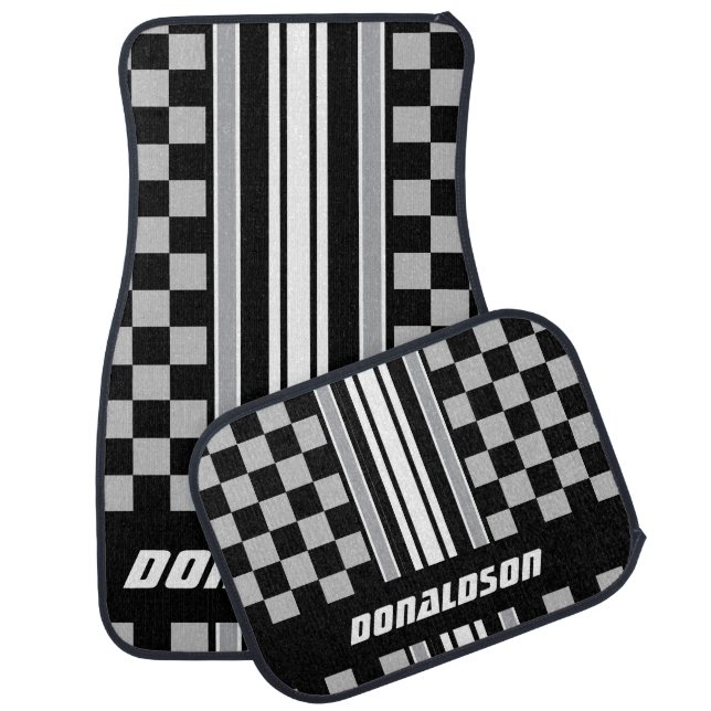 Gray, White & Black Checks & Stripes | Personalize Car Floor Mat (Set)