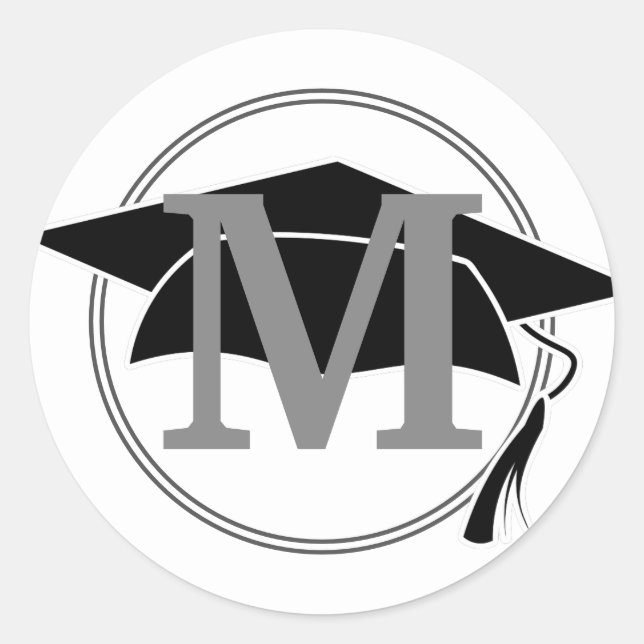 Gray White Black Graduation Cap Monogram Initial Classic Round Sticker (Front)