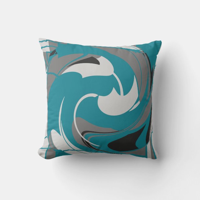 Gray White Black on Teal Blue Abstract Art Flower Throw Pillow (Front)