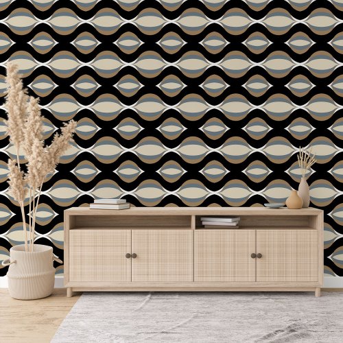 Gray White Black Taupe Beige Tan Ogee Wave Pattern Wallpaper
