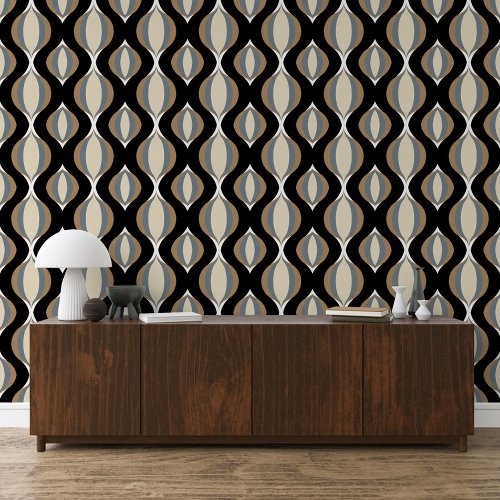 Gray White Black Taupe Beige Tan Ogee Wave Pattern Wallpaper