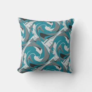 Gray White Black Teal Blue Floral Twirls Abstract Throw Pillow