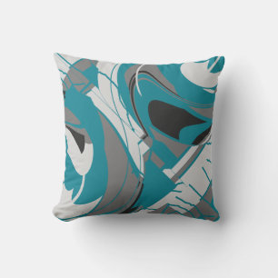Gray White Black Teal Blue Flowing Floral Abstract Throw Pillow