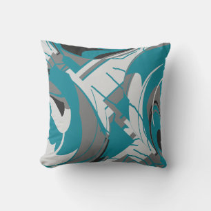 Gray White Black Teal Blue Lush Leaves Abstract Throw Pillow