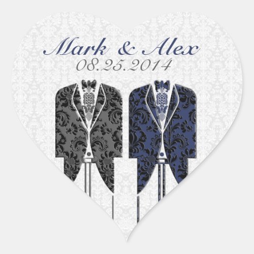 Gray White  Blue Same_Sex Couples Wedding Design Heart Sticker