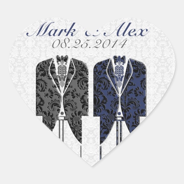 Gray White & Blue Same-Sex Couples Wedding Design Heart Sticker (Front)