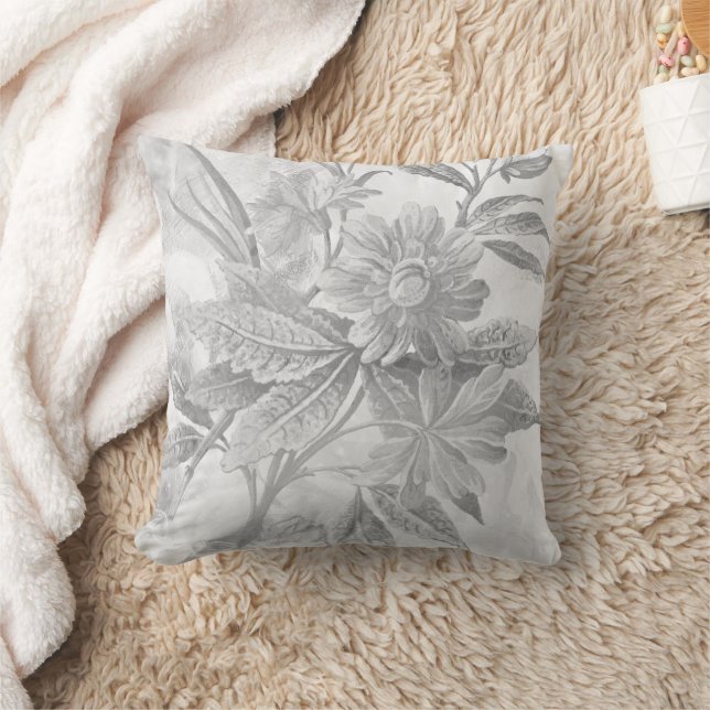 Gray & White Botanical Floral Design Throw Pillow (Blanket)