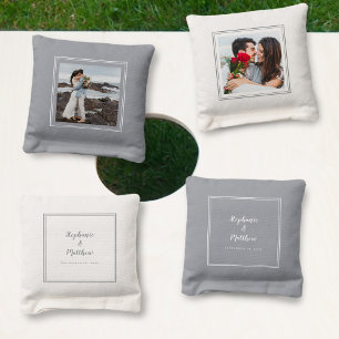Gray & White Bride & Groom Photo Wedding  Cornhole Bags