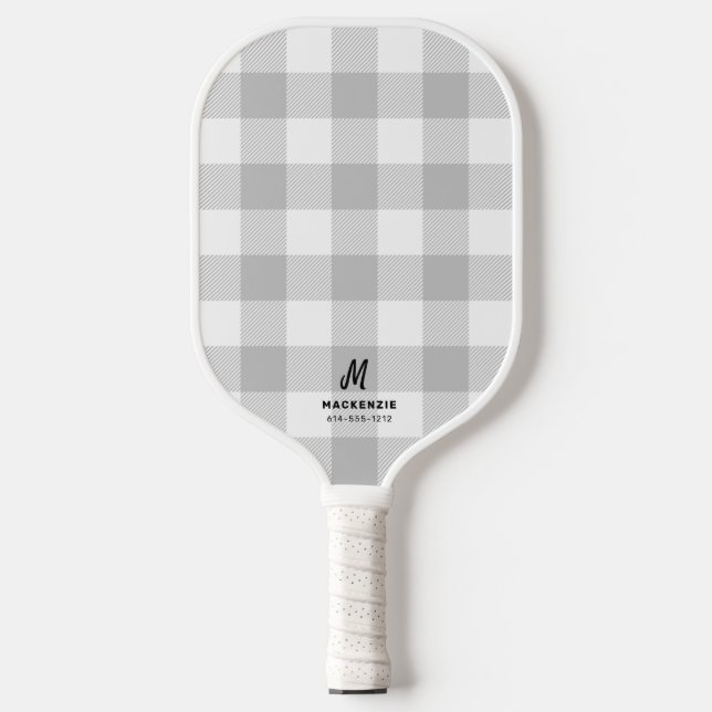 Gray White Buffalo Plaid Flannel Monogram Pickleball Paddle (Front)
