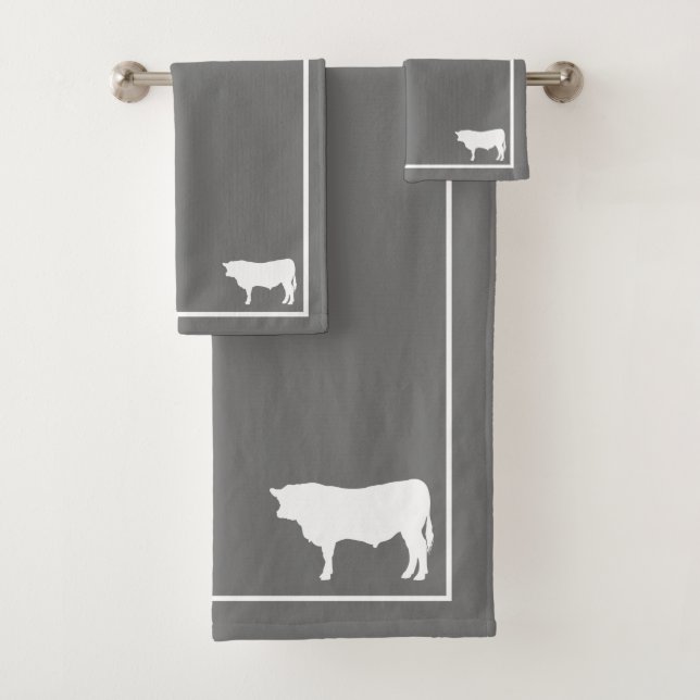 Gray & White Bull Silhouette Farmhouse Bath Towel Set (Insitu)