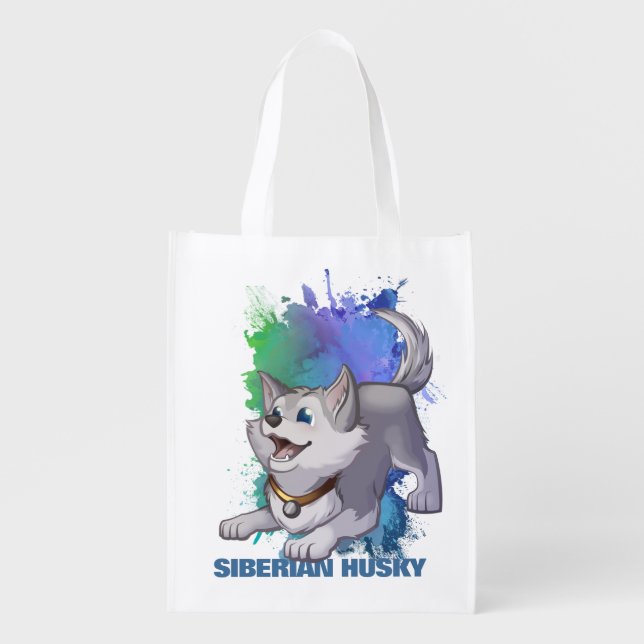  Gray & White Cartoon Siberian Husky Puppy Dog Grocery Bag (Front)